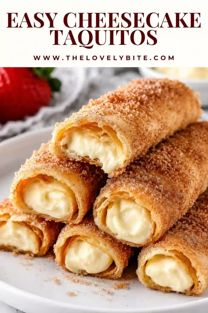 Close-up view of crispy Cheesecake Taquitos drizzled with chocolate sauce. The creamy filling contrasts perfectly with the golden baked tortilla shell.