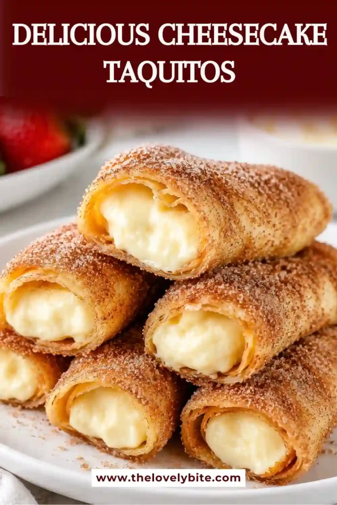Homemade Cheesecake Taquitos topped with whipped cream and cinnamon sugar. The dessert is served fresh from the oven with a crisp golden exterior.