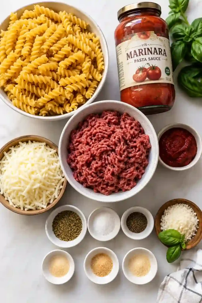 Homemade Cheesy Ground Beef Pasta Bake garnished with basil and Parmesan cheese. A comforting beef pasta casserole with rich Italian-inspired flavors.