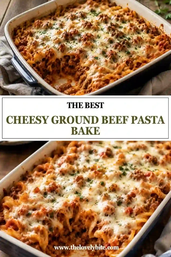 Golden and bubbly Cheesy Ground Beef Pasta Bake served in a casserole dish. The recipe features seasoned ground beef, pasta, tomato sauce, and melted cheese.