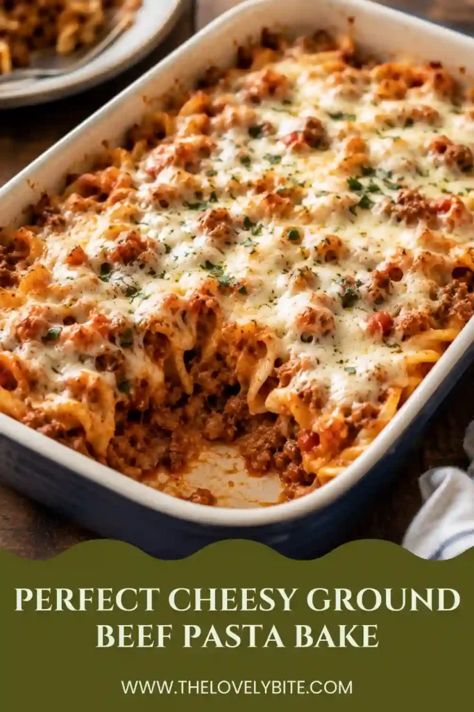 Close-up of a serving of Cheesy Ground Beef Pasta Bake with rich meat sauce and gooey mozzarella. An easy baked pasta recipe ideal for weeknight meals.