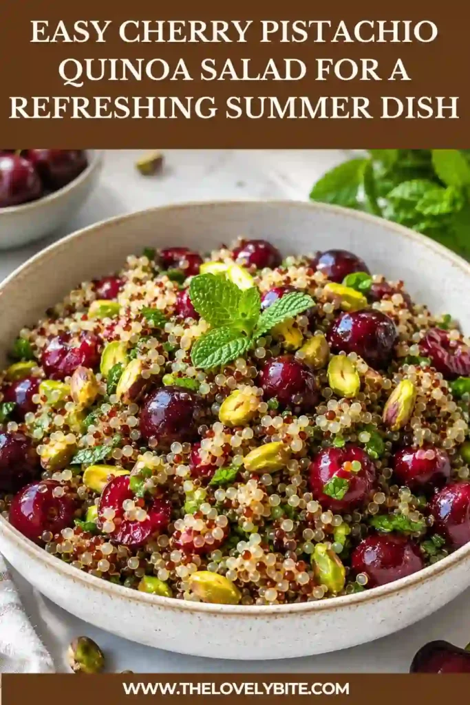Colorful quinoa salad with fresh cherries, pistachios, mint, and arugula. This refreshing vegetarian salad is packed with texture and seasonal flavor.