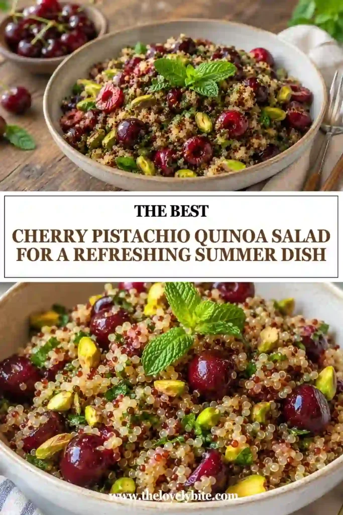 Healthy Cherry Pistachio Quinoa Salad topped with juicy cherries and chopped pistachios. A gluten-free summer salad perfect for light meals and gatherings.