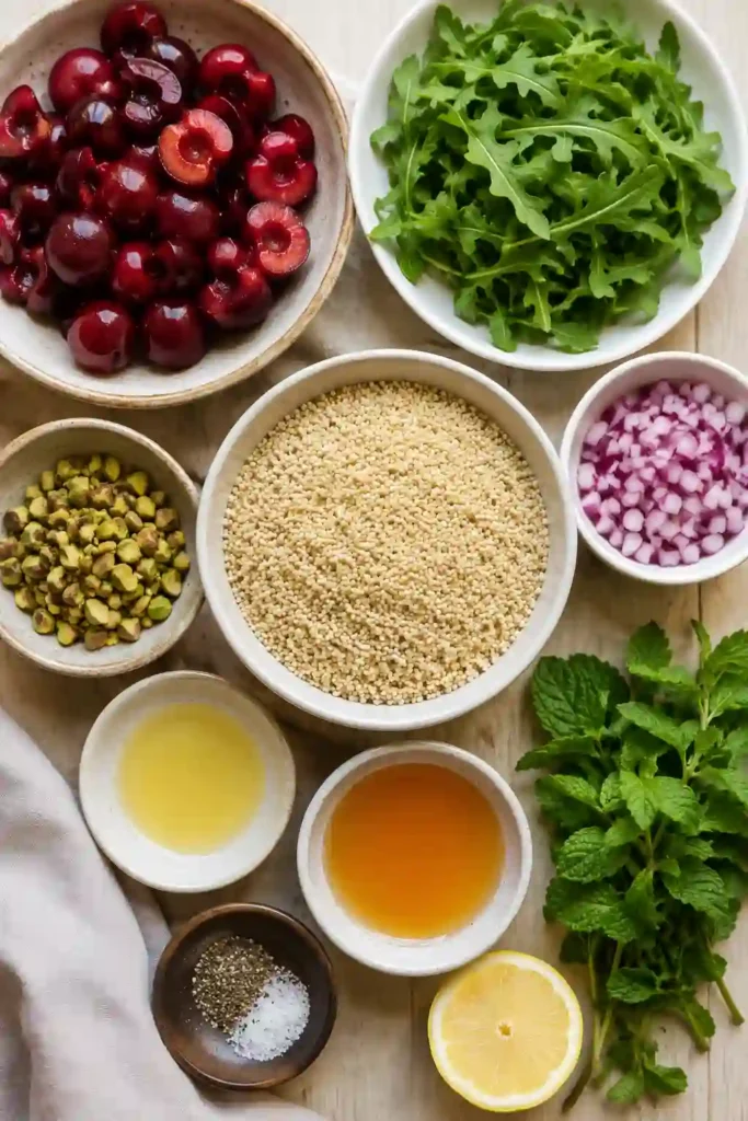 A bowl of Cherry Pistachio Quinoa Salad made with fresh cherries, crunchy pistachios, mint, and fluffy quinoa. This colorful summer quinoa salad is healthy, vibrant, and refreshing.