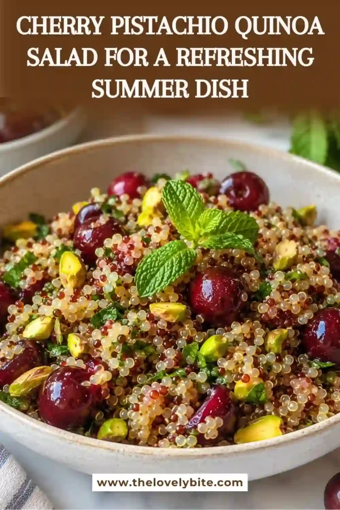 Fresh Cherry Pistachio Quinoa Salad served in a bowl with mint and red onion. The salad features bright summer flavors and a satisfying nutty crunch.