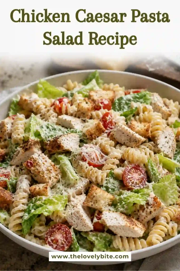 A bowl of Chicken Caesar Pasta Salad made with rotini pasta, grilled chicken, romaine lettuce, Parmesan cheese, and creamy Caesar dressing. The salad is topped with crunchy croutons and fresh herbs.