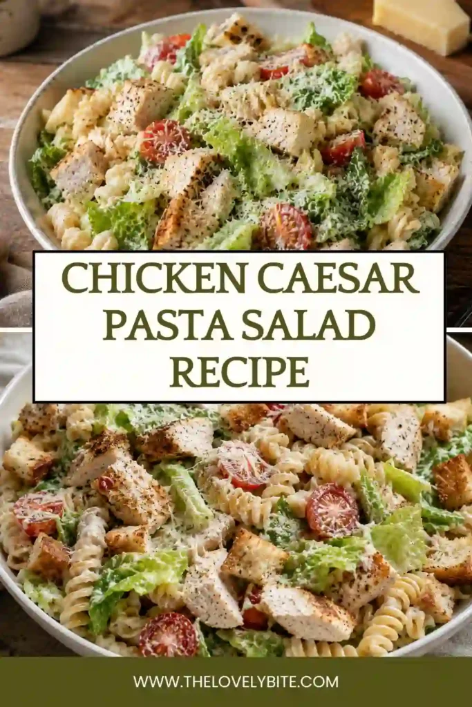 Fresh Chicken Caesar Pasta Salad served in a large bowl with tender chicken, crisp lettuce, pasta, and Parmesan cheese. This easy pasta salad is perfect for lunch or dinner.