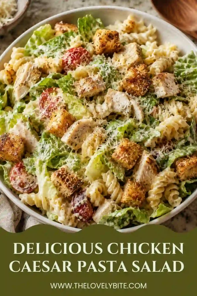 Creamy Chicken Caesar Pasta Salad featuring rotini pasta, juicy chicken breast, romaine lettuce, and Caesar dressing. Garnished with croutons and parsley for extra texture and flavor.