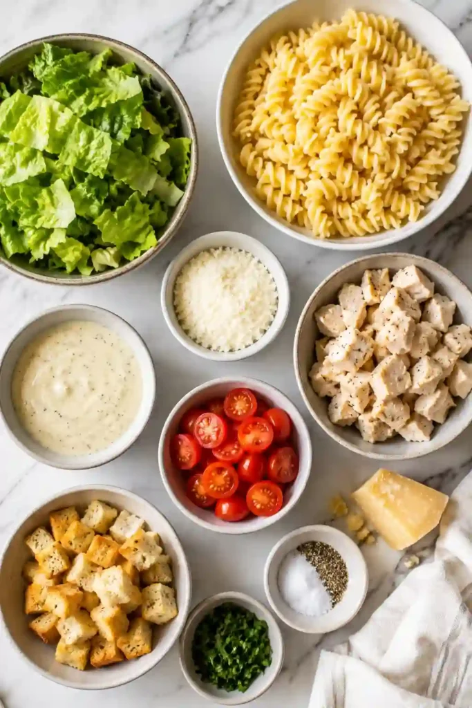 Homemade Chicken Caesar Pasta Salad prepared with chicken, pasta, Parmesan cheese, and fresh romaine lettuce. A hearty and satisfying family-friendly salad recipe.