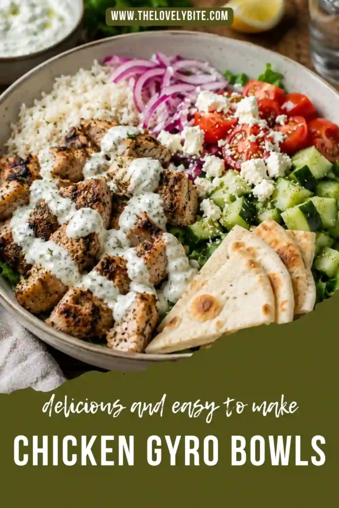 Healthy Chicken Gyro Bowls served with juicy Greek-seasoned chicken, fresh vegetables, and homemade tzatziki sauce. A vibrant Mediterranean rice bowl perfect for lunch or dinner.