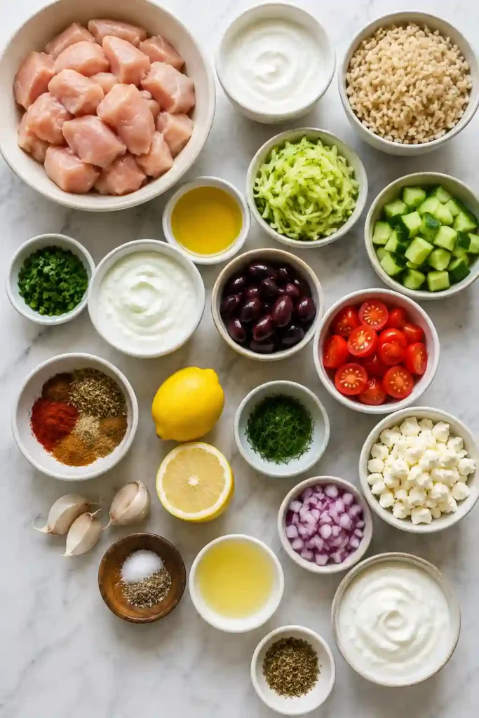 A colorful Chicken Gyro Bowl filled with marinated chicken, brown rice, cucumbers, tomatoes, feta cheese, olives, and creamy tzatziki sauce. This Mediterranean-inspired meal is fresh, healthy, and packed with flavor.