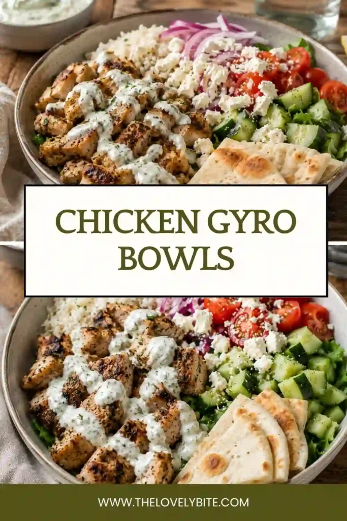 Greek chicken bowl topped with tender chicken, feta cheese, Kalamata olives, cucumbers, tomatoes, and creamy yogurt sauce. A balanced and protein-rich Mediterranean meal.