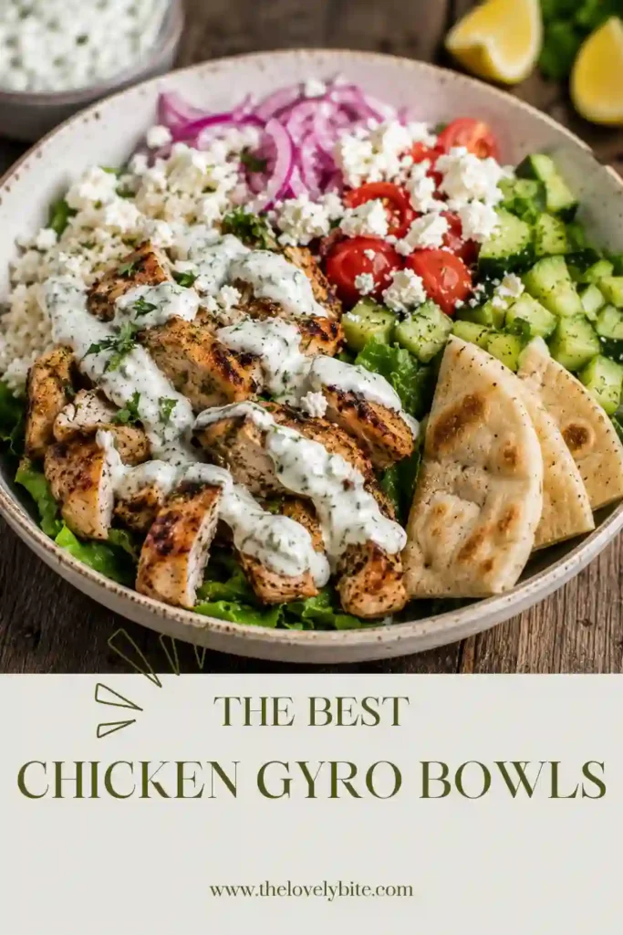 Fresh Chicken Gyro Bowl featuring flavorful marinated chicken, brown rice, crisp vegetables, and homemade tzatziki. An easy and nutritious Mediterranean recipe.