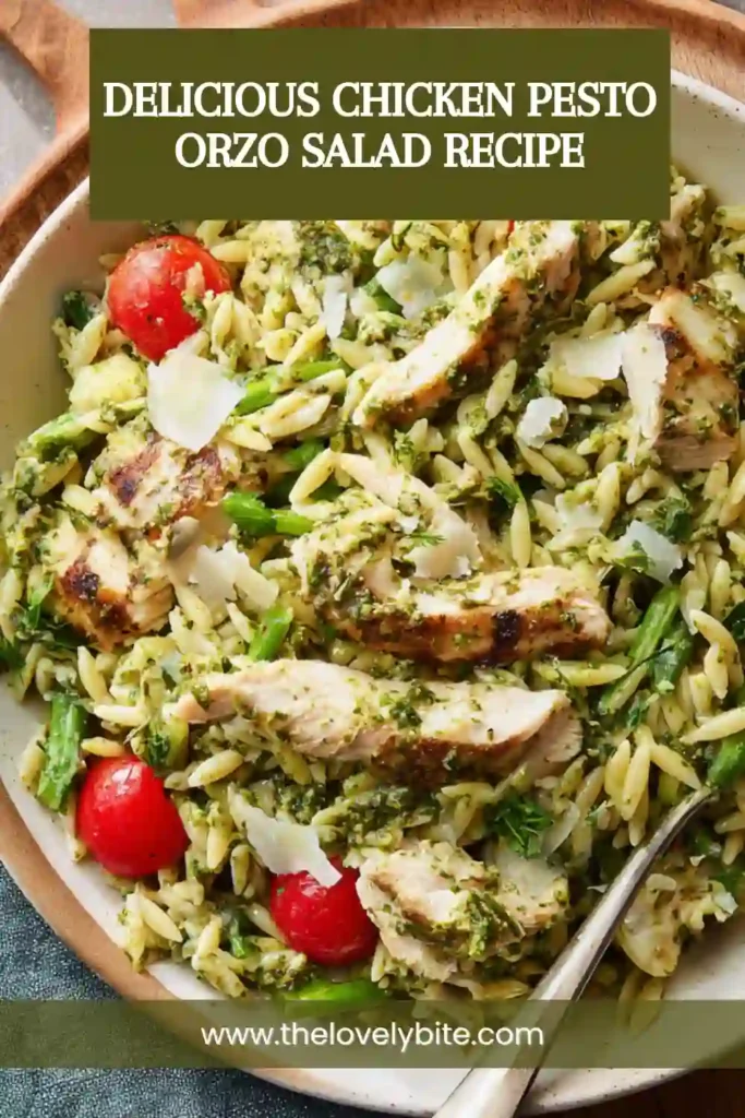 Grilled chicken served over pesto-coated orzo with asparagus and Parmesan shavings. This Chicken Pesto Orzo Salad showcases fresh ingredients and Mediterranean flavors.