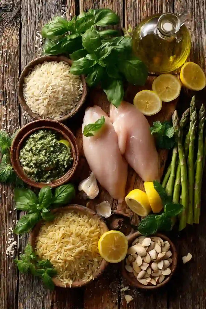 Fresh Chicken Pesto Orzo Salad featuring tender chicken breast, homemade herb pesto, asparagus, and orzo pasta. A healthy and flavorful dinner option with vibrant green herbs.