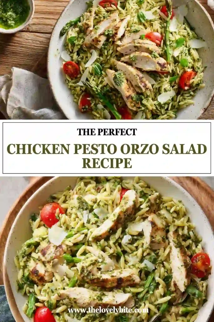 A serving platter of Chicken Pesto Orzo Salad topped with sliced grilled chicken, asparagus spears, fresh herbs, and shaved Parmesan cheese. The dish is bright, colorful, and perfect for a Mediterranean-inspired meal.