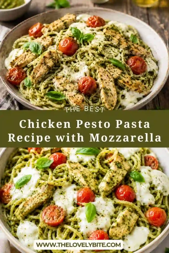 Fresh Chicken Pesto Pasta served with cherry tomatoes, basil leaves, and creamy mozzarella. This easy pasta dinner showcases vibrant green pesto and perfectly cooked chicken.