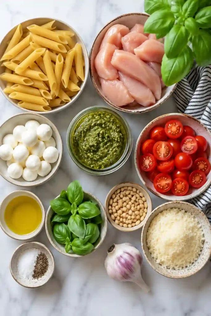 A bowl of Chicken Pesto Pasta topped with fresh mozzarella pearls and chopped basil. The pasta is coated in homemade basil pesto and mixed with juicy cherry tomatoes and tender chicken.