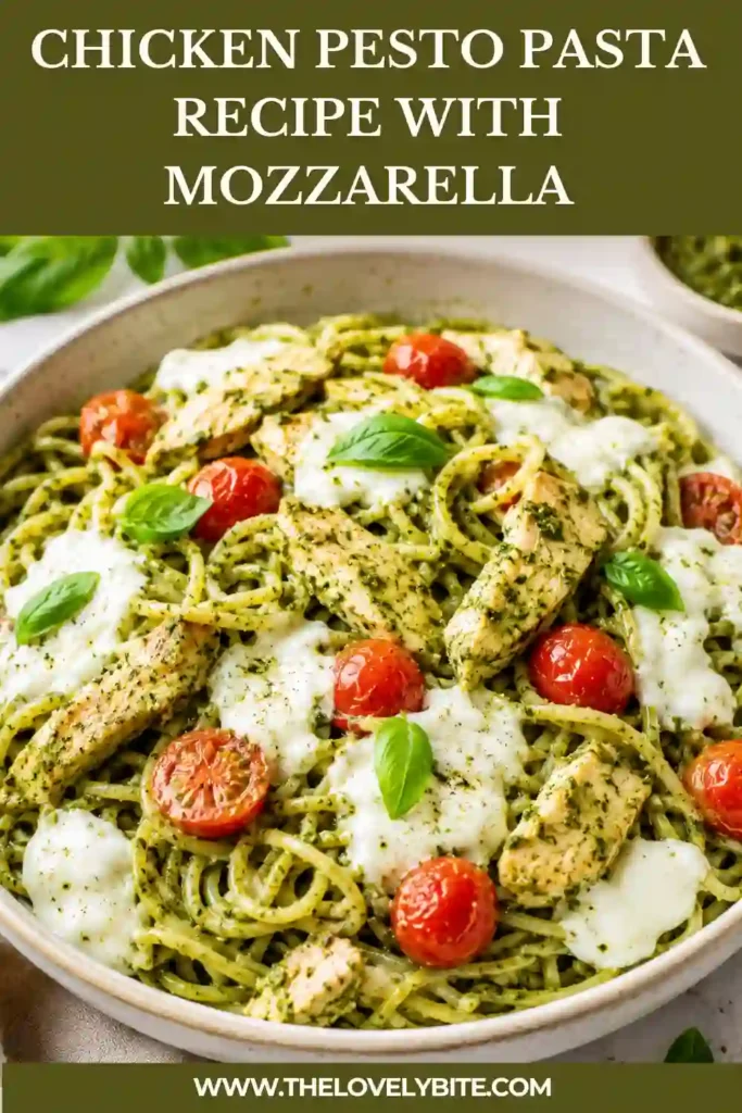 Italian-inspired Chicken Pesto Pasta recipe prepared with basil pesto, chicken breast, mozzarella, and tomatoes. A quick and flavorful family dinner option.