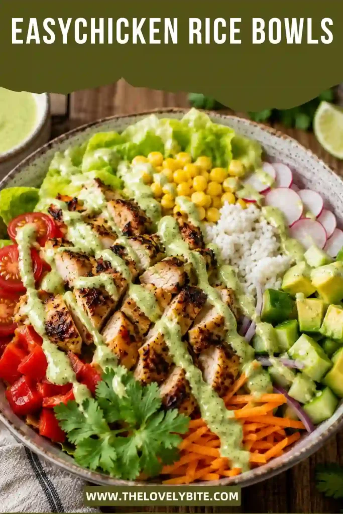 Healthy Chicken Rice Bowls topped with smoked paprika chicken, fresh vegetables, fluffy rice, and homemade peanut butter soy sauce. Perfect for lunch or dinner.