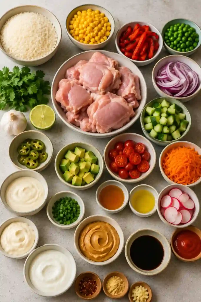 Easy Chicken Rice Bowls served with tender seasoned chicken, colorful vegetables, steamed rice, and flavorful homemade sauces for a balanced family meal.