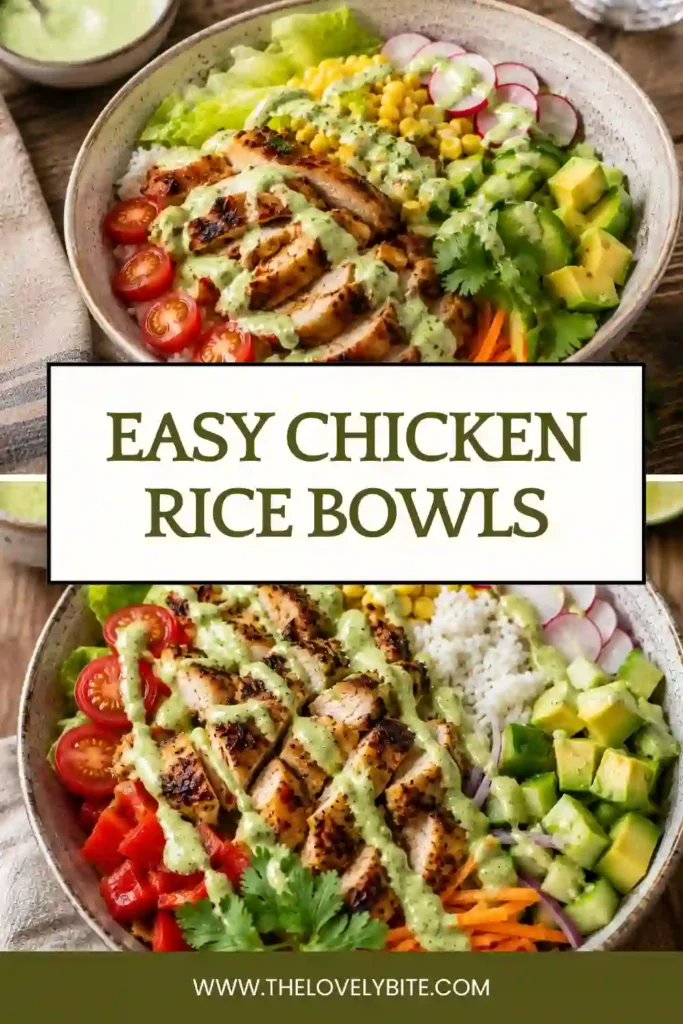 Homemade Chicken Rice Bowls featuring grilled chicken, jasmine rice, cherry tomatoes, avocado, cucumbers, carrots, and creamy peri peri sauce.