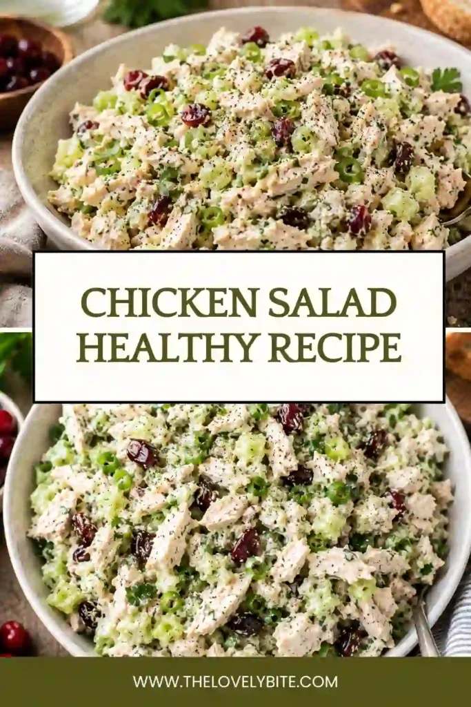 Fresh homemade chicken salad served in a bowl with chopped herbs, celery, and sliced almonds. A nutritious and protein-rich meal perfect for lunch or meal prep.