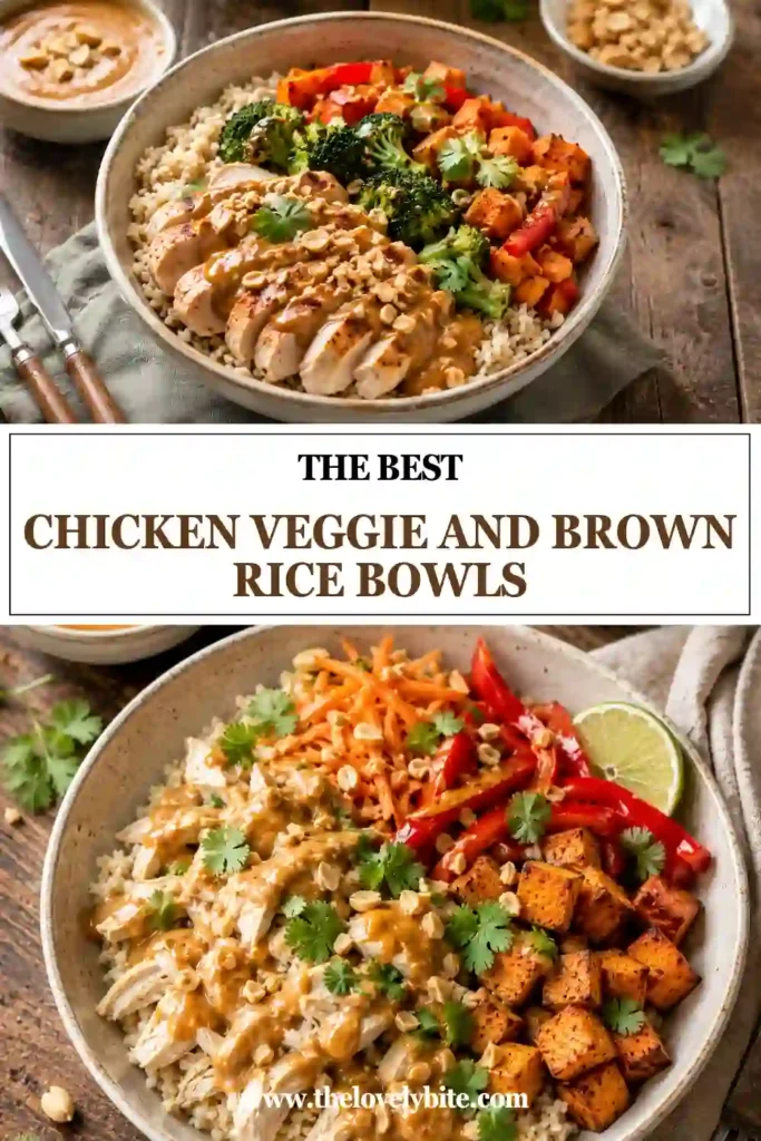 A bowl of Chicken Veggie and Brown Rice Bowls topped with roasted sweet potatoes, shredded chicken, fresh cilantro, and creamy peanut sauce. This healthy meal is colorful, nutritious, and perfect for lunch or dinner.