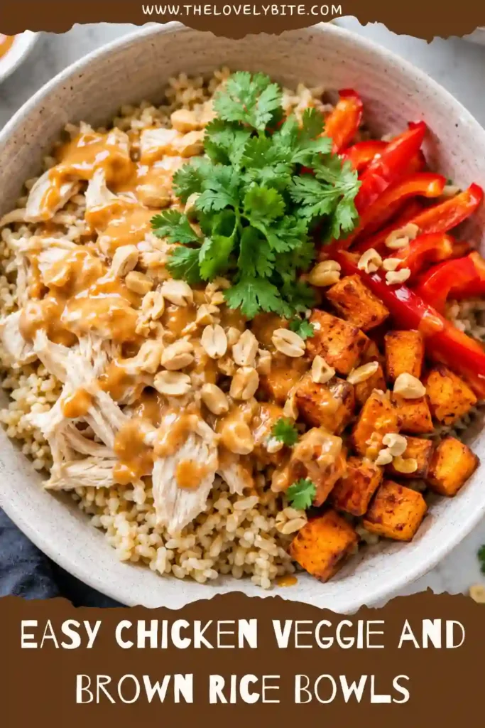 Healthy Chicken Veggie and Brown Rice Bowls served with roasted sweet potatoes and homemade peanut sauce. The bowl features vibrant vegetables and lean protein for a balanced meal.