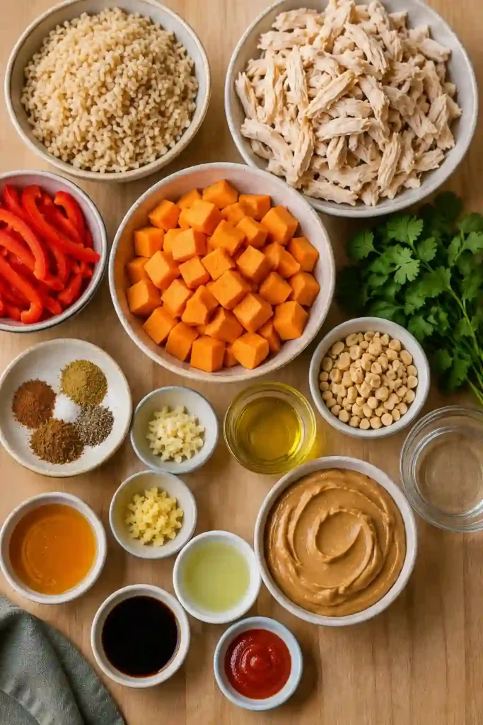 Freshly prepared Chicken Veggie and Brown Rice Bowls arranged with colorful vegetables and creamy peanut dressing. A wholesome and satisfying meal prep option.