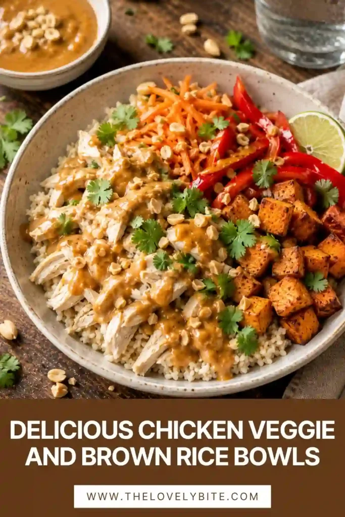 Close-up view of a peanut sauce chicken bowl with brown rice, sweet potatoes, cilantro, and chopped peanuts. The dish is packed with texture and bold flavors.