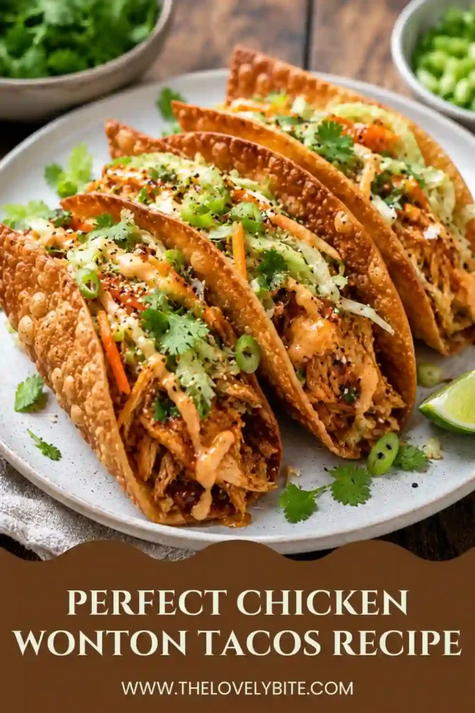 Close-up view of crispy Chicken Wonton Tacos topped with vibrant homemade slaw. This easy appetizer recipe combines crunchy textures and savory flavors.
