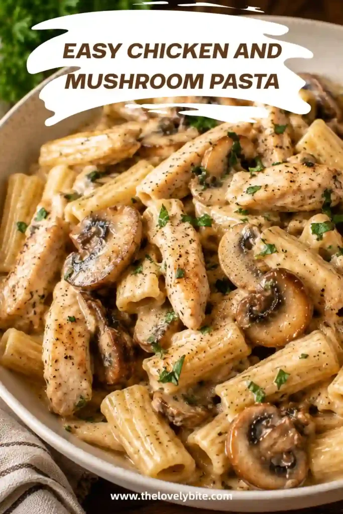 A bowl of creamy Chicken and Mushroom Pasta topped with Parmesan cheese and fresh parsley. Tender chicken and golden mushrooms are coated in a rich garlic cream sauce.
