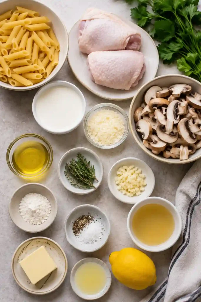 Homemade Chicken and Mushroom Pasta served warm with lemon zest and Parmesan. Creamy sauce and fresh herbs make this dish flavorful and inviting.