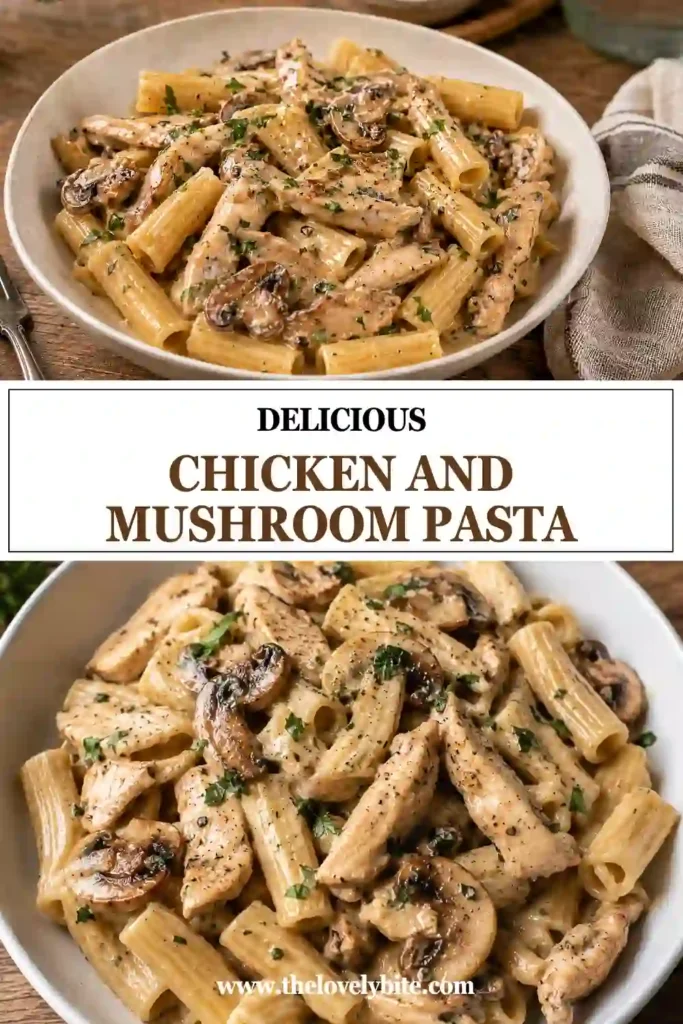 Freshly cooked Chicken and Mushroom Pasta served with grated Parmesan and parsley. The creamy sauce perfectly coats the pasta, chicken, and mushrooms.