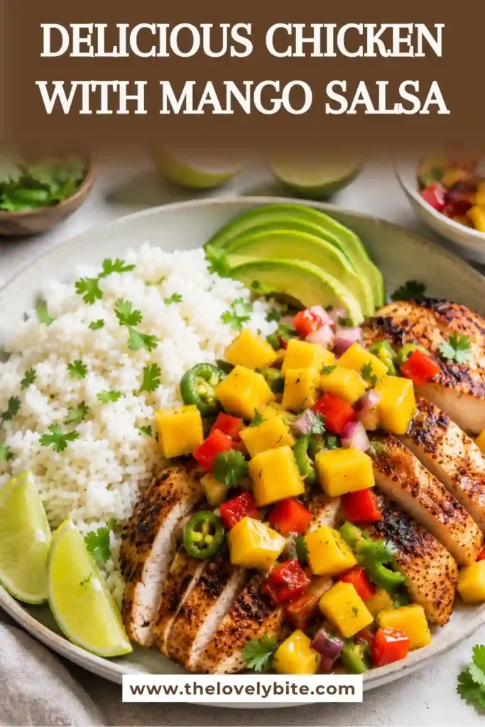 Juicy baked Chicken with Mango Salsa served with fresh diced mango, red bell pepper, cilantro, lime, and jalapeño. This colorful healthy dinner is bursting with tropical flavor.