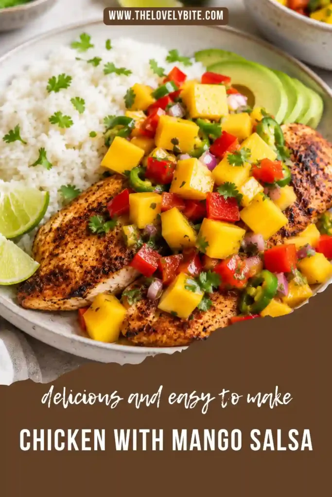 Tender seasoned chicken breast topped with homemade mango salsa featuring ripe mangoes, fresh cilantro, lime juice, and peppers. A vibrant tropical meal perfect for summer.