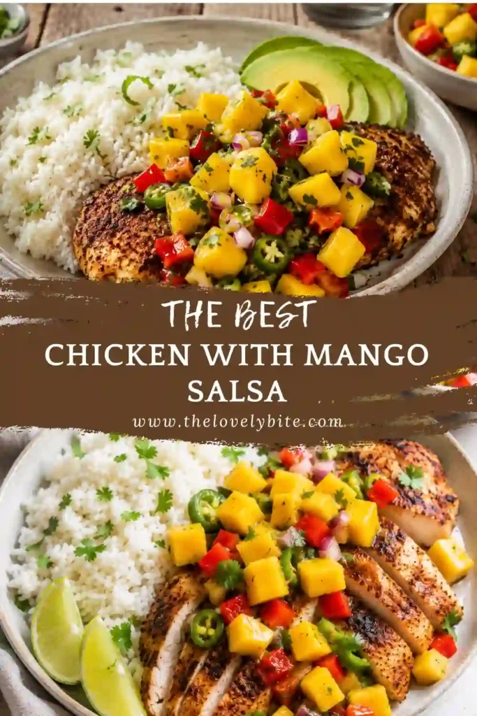 Healthy Chicken with Mango Salsa served fresh with juicy chicken breasts and colorful mango topping. An easy gluten-free recipe for weeknight dinners.