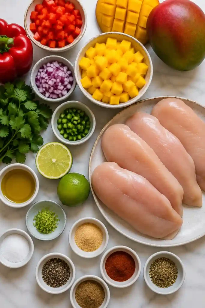 Fresh Chicken with Mango Salsa plated with sweet mango, bell peppers, red onion, cilantro, and lime. A delicious tropical-inspired chicken recipe packed with fresh ingredients.