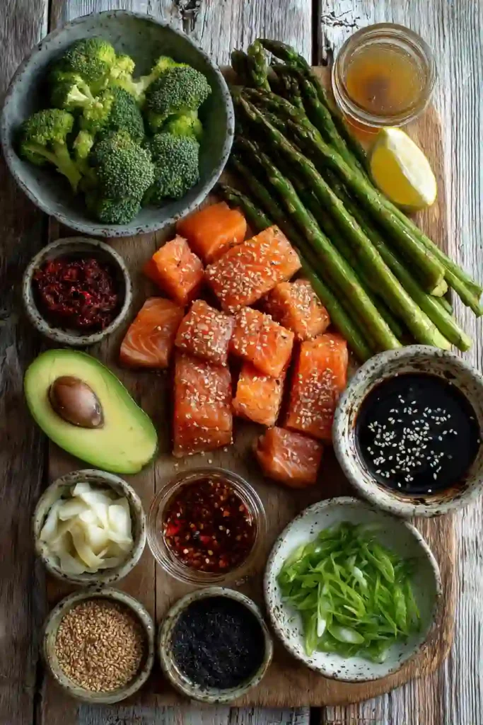 A bowl of Chili Honey Garlic Salmon Bowls topped with glazed salmon, roasted broccoli, avocado slices, and sesame seeds. The salmon is coated in a sweet and spicy honey garlic sauce.