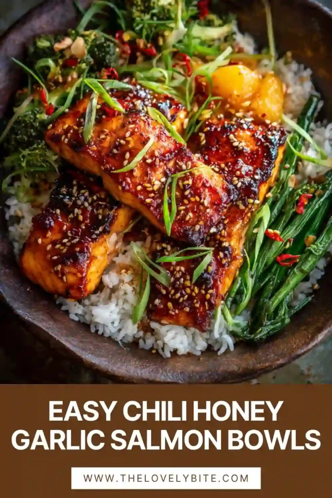 Roasted salmon bites glazed with chili honey garlic sauce alongside broccoli and avocado in a nourishing rice bowl. This easy salmon bowl recipe is packed with flavor and texture.