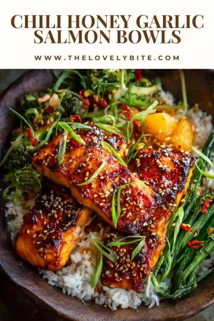 Sheet pan Chili Honey Garlic Salmon Bowls featuring caramelized salmon chunks, fresh avocado, and roasted vegetables. A quick and healthy meal ready in 30 minutes.