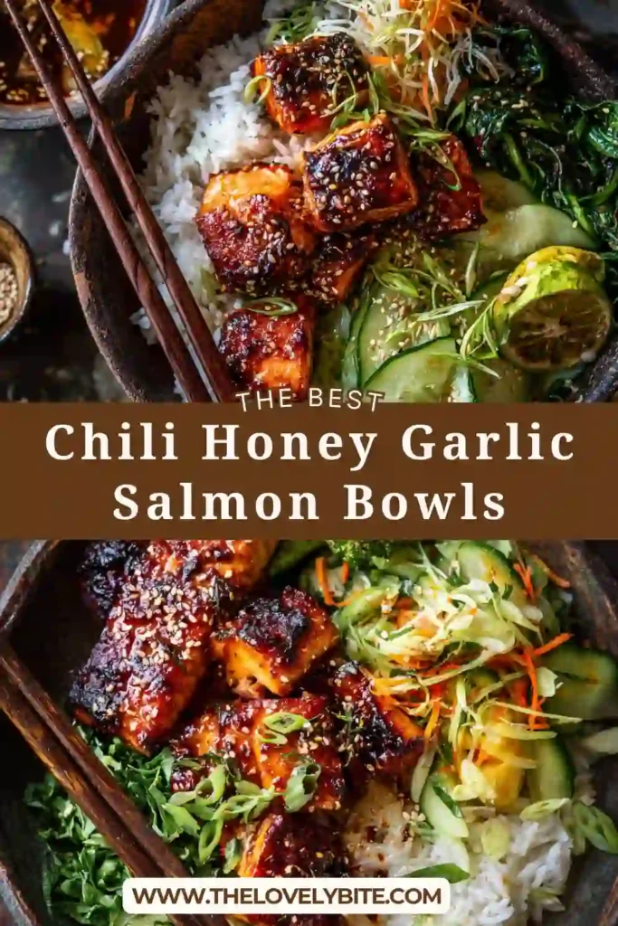 Healthy Chili Honey Garlic Salmon Bowls served over rice with roasted vegetables and creamy spicy sauce. A colorful high-protein dinner recipe perfect for busy weeknights.