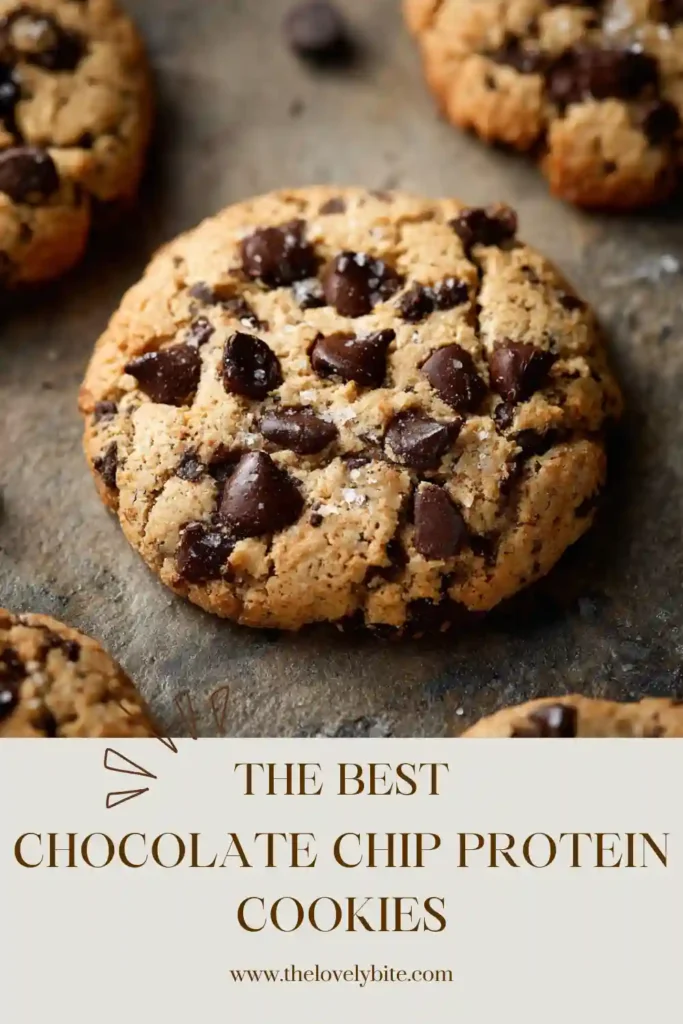 Homemade Chocolate Chip Protein Cookies served on a white plate with scattered chocolate chips. A simple and healthy dessert option.