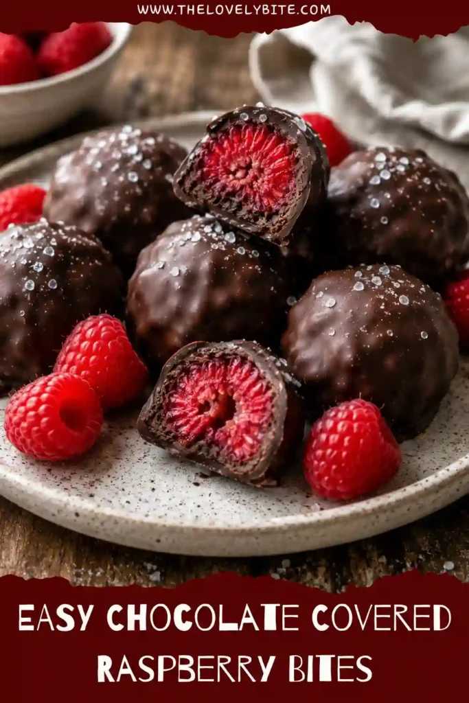 Chocolate Covered Raspberry Bites coated in rich dark chocolate and topped with flaky sea salt. These frozen raspberry treats are easy to make and perfect for a healthy dessert.