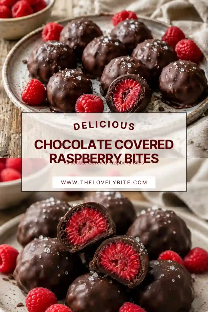 Homemade Chocolate Covered Raspberry Bites arranged on parchment paper with flaky sea salt. A simple no-bake frozen dessert for any occasion.