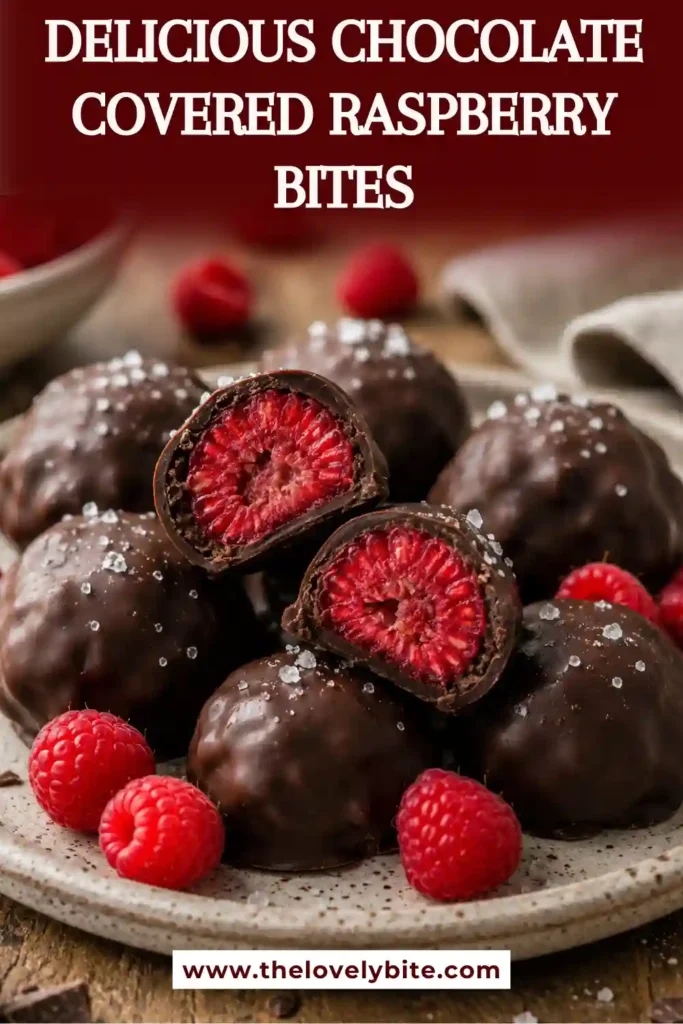 Close-up of Chocolate Covered Raspberry Bites showing the juicy raspberry center beneath a crisp chocolate coating. Perfect for healthy snacking.
