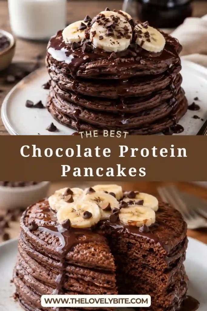 A stack of Chocolate Protein Pancakes topped with fresh strawberries and a light dusting of powdered sugar. These healthy protein pancakes are fluffy, chocolatey, and perfect for breakfast.