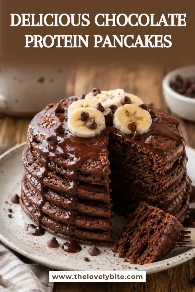 Homemade Chocolate Protein Pancakes served warm with honey and diced strawberries. This high protein breakfast recipe combines bananas, oats, and chocolate protein powder.