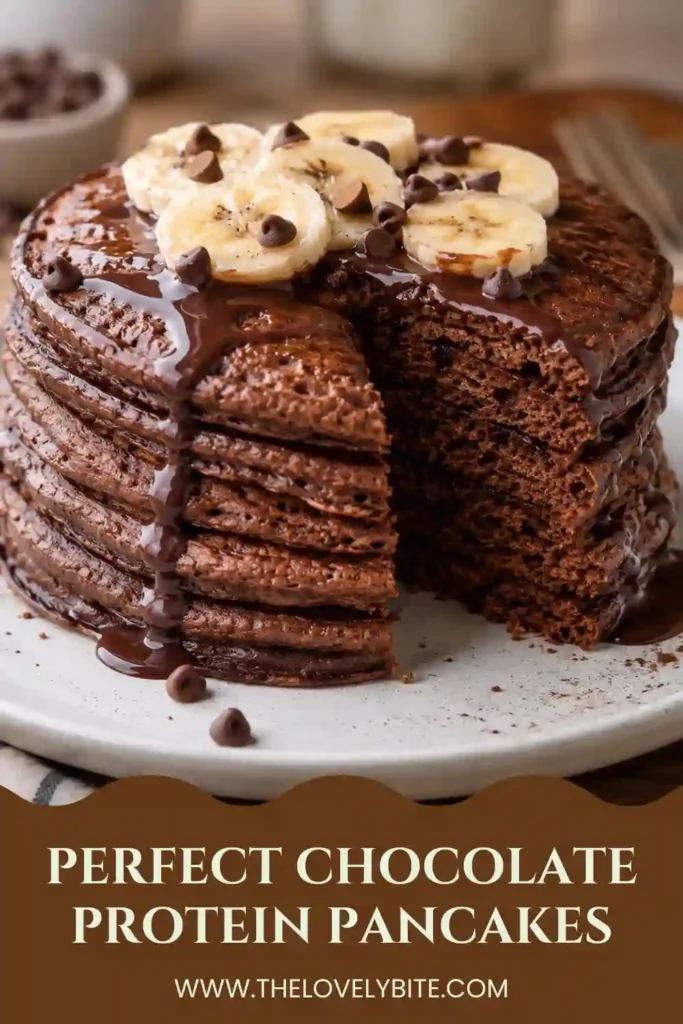Freshly cooked Chocolate Protein Pancakes arranged on a breakfast plate. The pancakes have a rich cocoa flavor and a soft, fluffy texture.